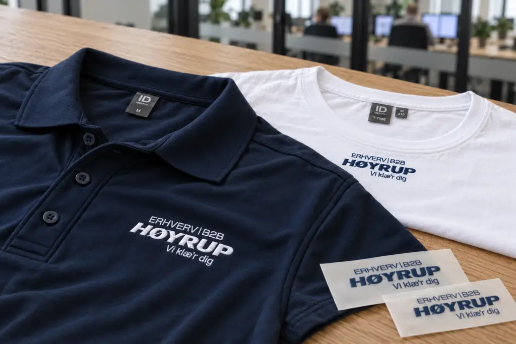 Høyrup-logobroderi på navy polo og navy logotryk på hvid T-shirt med løse transferark på et kontorbord i blødt dagslys.